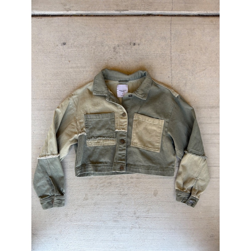 Angel Kiss Cropped Denim Jacket Two Tone Patchwork Pockets Size‎ S